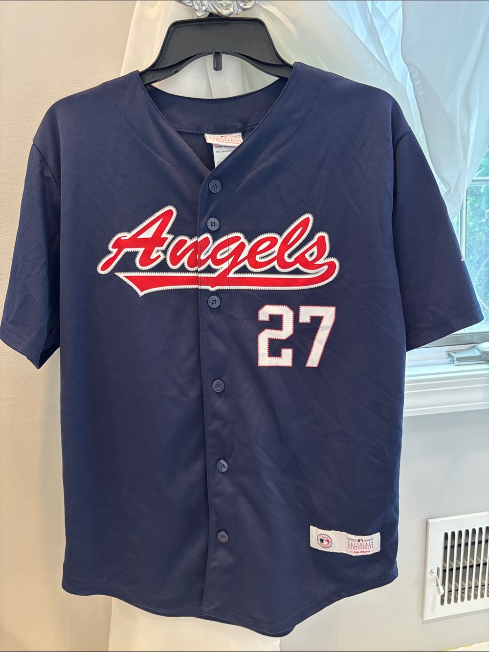 Angels Mike Trout 27 Navy Kids Large Baseball Jersey Stitched Authentic MLB